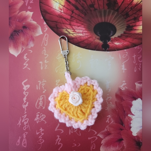 2/$20 Handmade Crochet Heart and Rose Keychain / Pocket Hug - Picture 1 of 4